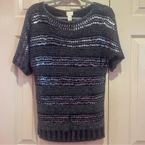 Chico’s Kayden Metallic Sequin Striped Pullover Short Sleeve Sweater Size 1 Navy